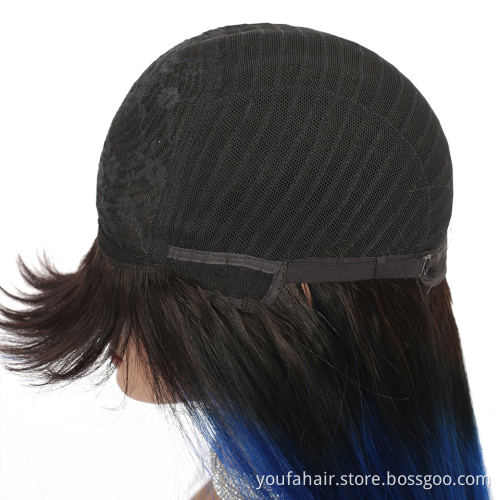 10A Peruvian Virgin Human Hair Cuticle Aligned Full Machine Made Wigs Ombre 1B Blue Color Glueless Non Lace Bangs Human Hair Wig